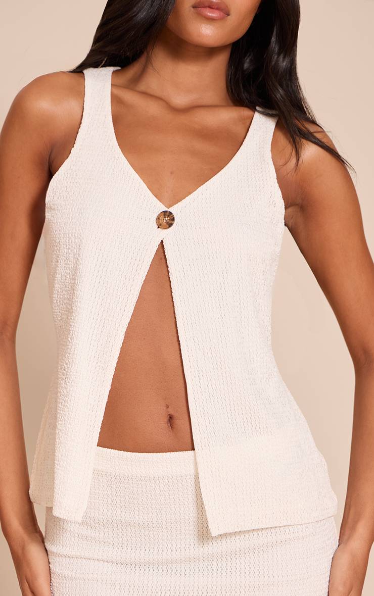 Blanc Ensemble Coordonné Gilet Long Texturé À Ourlet Fendu