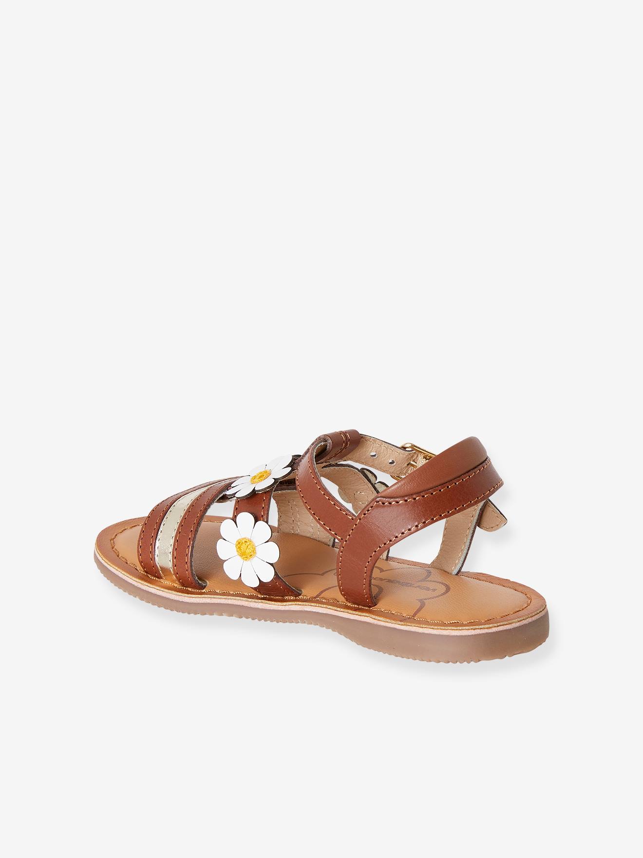 Sandálias de couro para meninas, modelo especial com design diferenciado, cor marrom claro lisas com estampas.