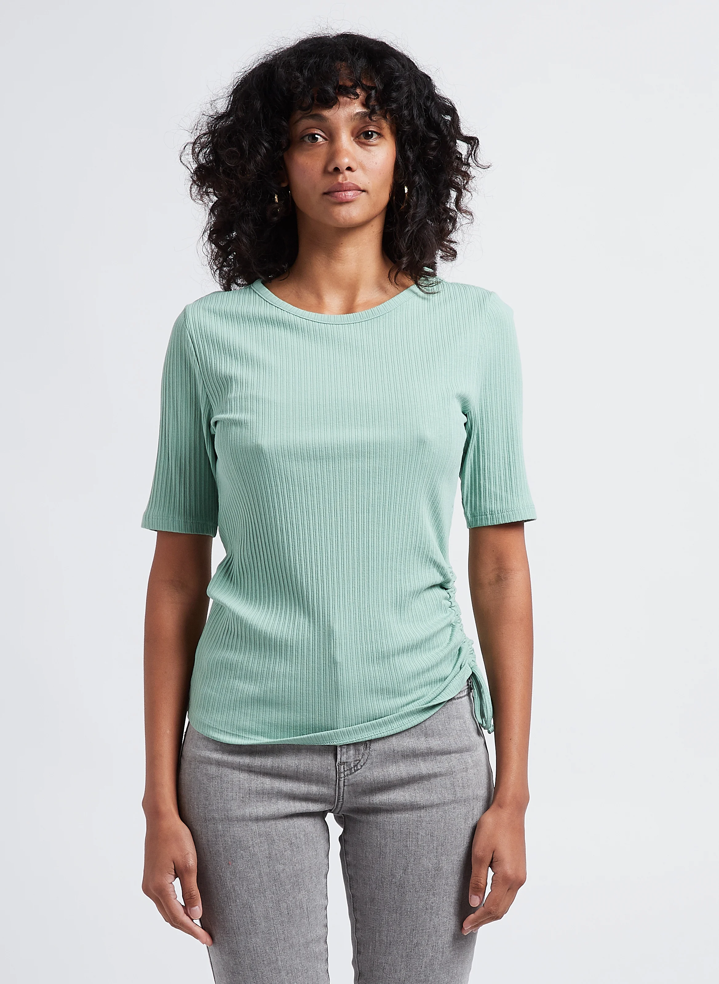 SIDE TIE SS - Top col rond en coton mélangé| Vert