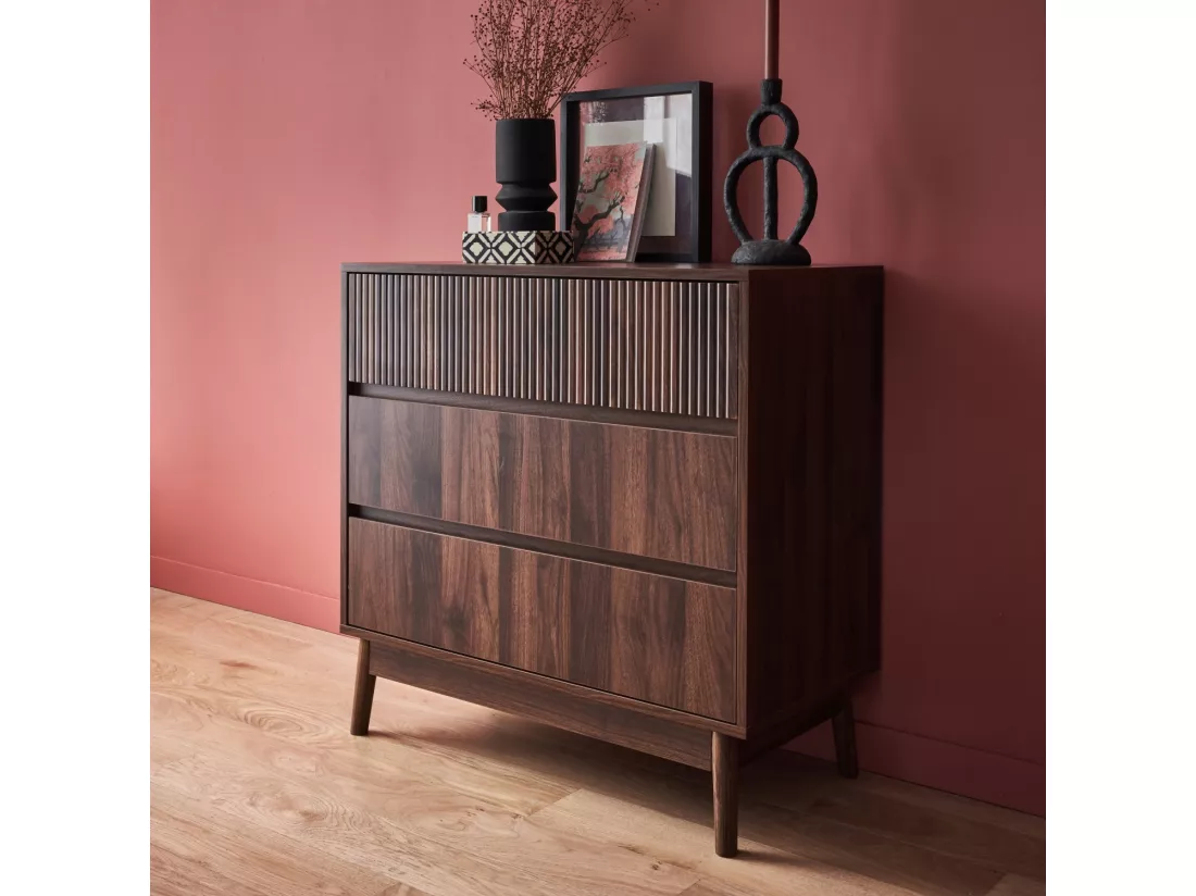 Commode de rangement décor bois de noyer. 3 tiroirs