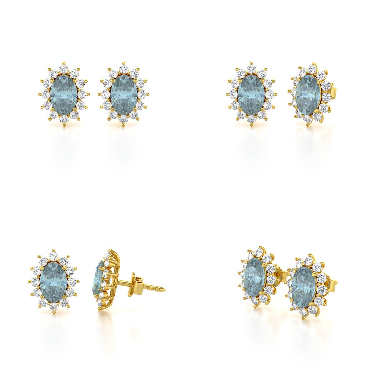 Boucles d'oreilles ADEN Or 585 Jaune Fleur Aigue-Marine et Diamants 1.4grs