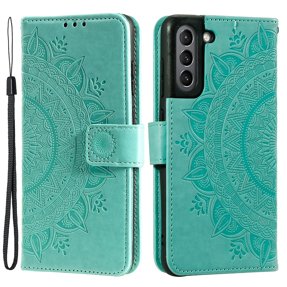 Samsung Galaxy S21 FE 5G Leder Tasche Wallet - Mandala Flowers Imprint - Türkis