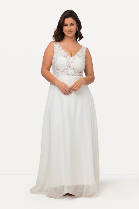 Brautkleid, A-Linie, Schleppe, V-Ausschnitt, ärmellos