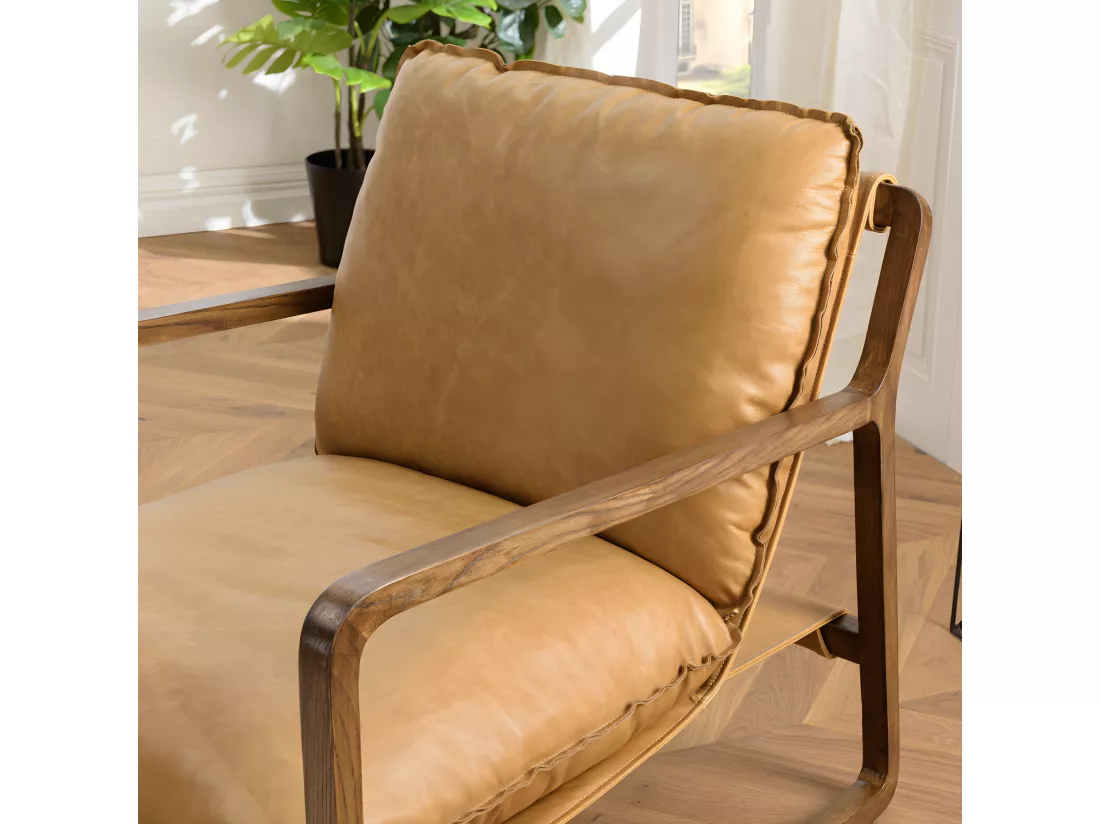 GASTON - Fauteuil incliné vintage cuir marron cognac, structure en bois