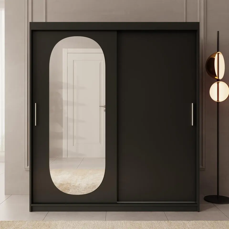 Meubella - Kledingkast Bodhi - Zwart - 180 cm - Met spiegel