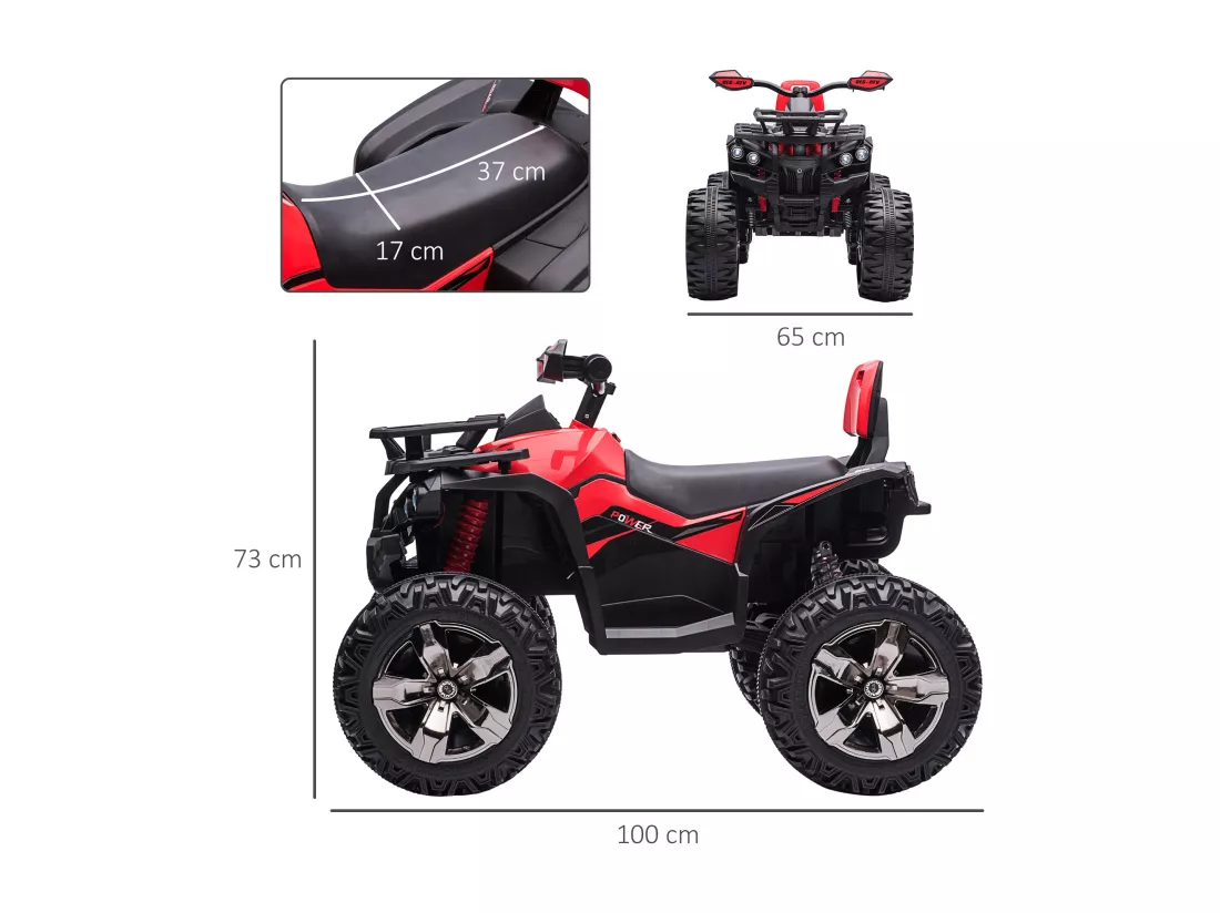 Voiture 4x4 quad buggy électrique enfant 12 V 5 Km/h max. effets lumineux sonores selle avec dossier porte-bagage avant métal PP rouge noir