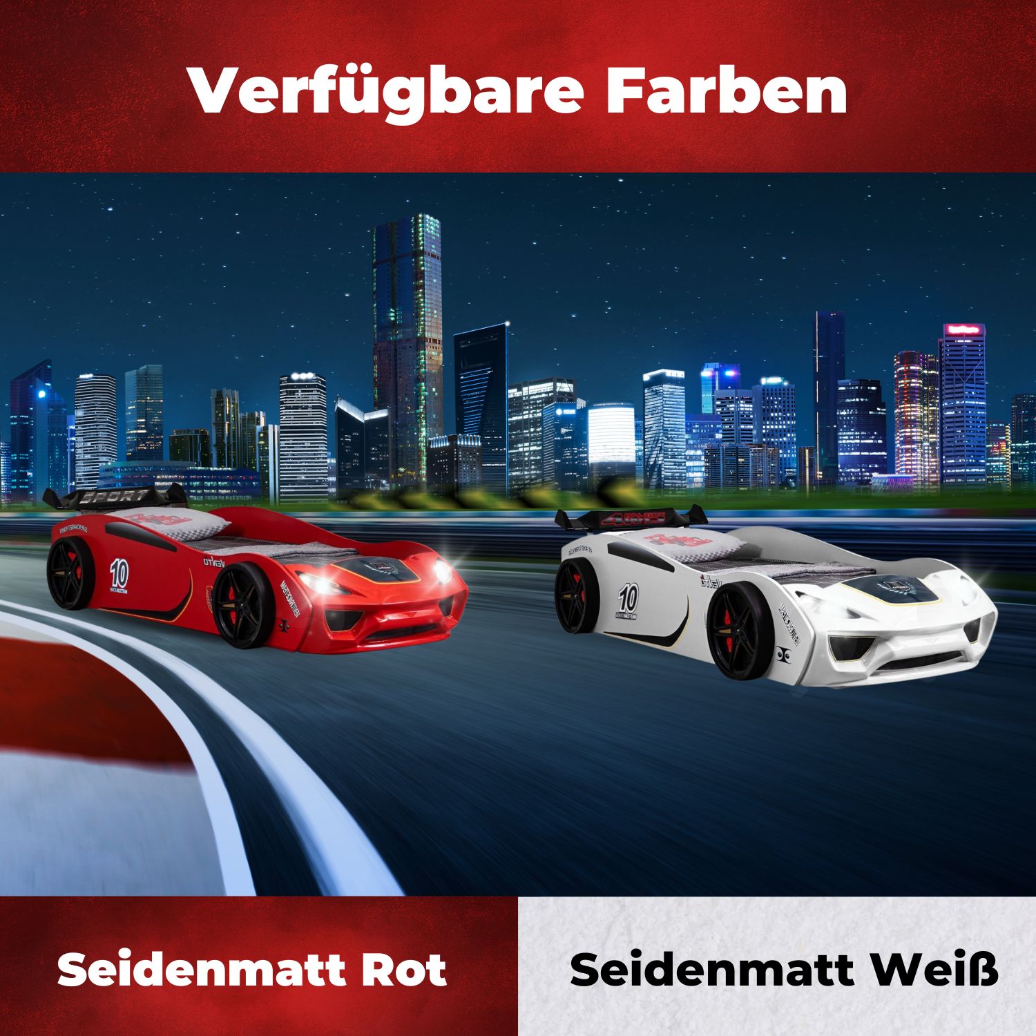 TRAUMMÖBEL Autobett TURBO V2 Rot Kinderbett im Rennwagen-Design mit Lattenrost