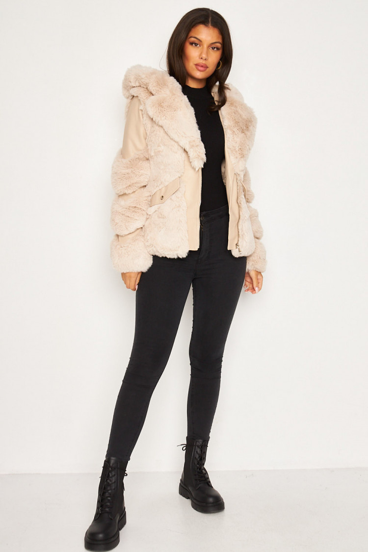 Veste beige simili cuir et fausse fourrure