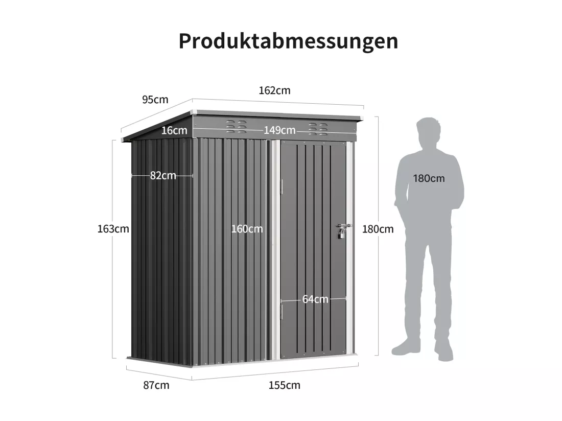 Bealife Abri de Jardin en Métal 162 x 95 x 182 cm Cabanon Gris sur Terrain
