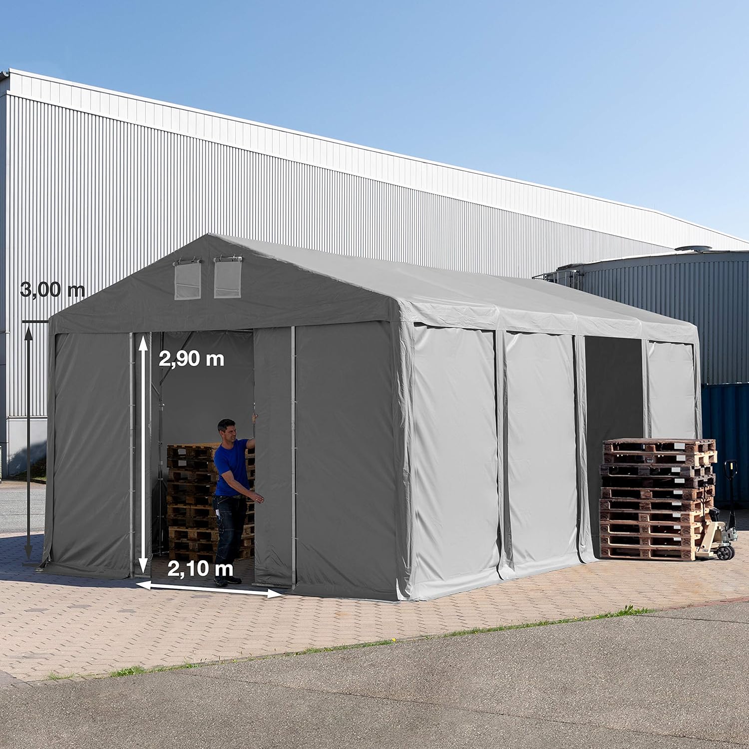 TOOLPORT Lagerzelt Industriezelt 5x8 m Zelthalle mit 3m Seitenhöhe PVC Plane 850 N grau wasserdicht Ganzjahreszelt mit Schiebetor