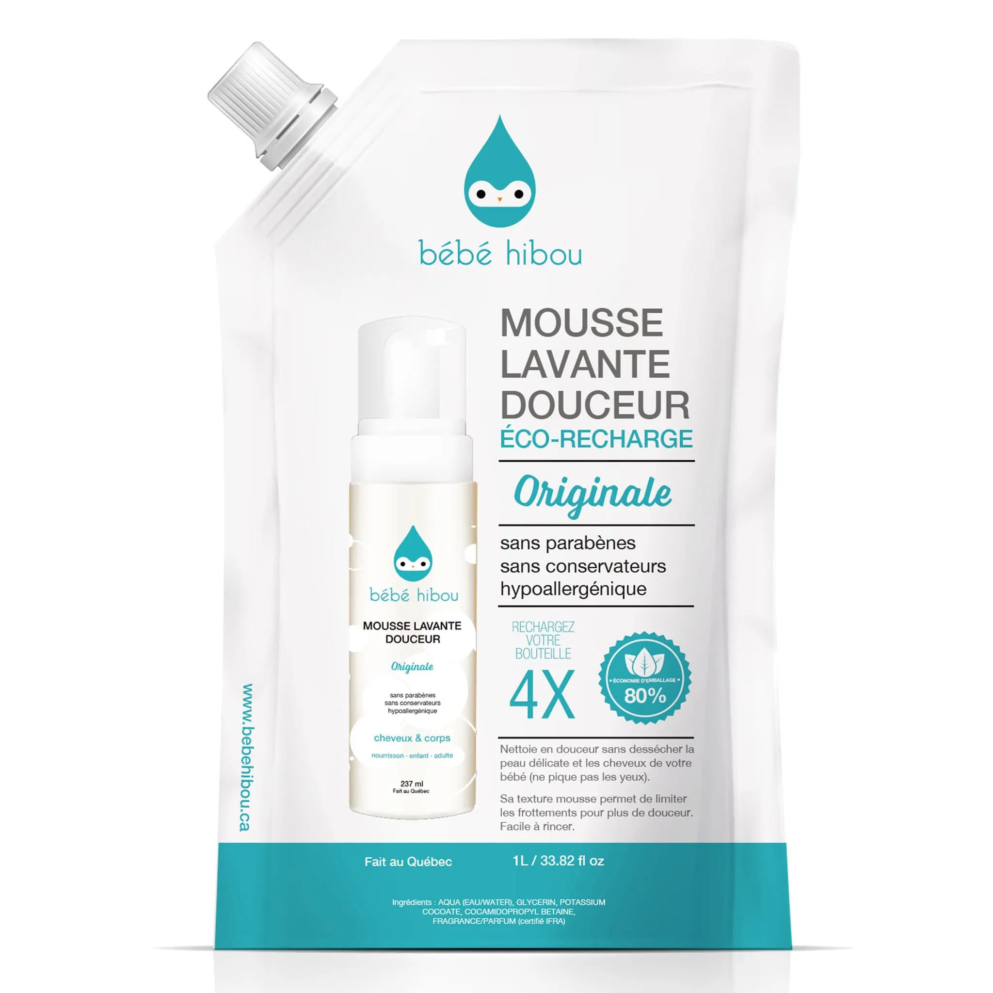 Bébé hibou Recharge Mousse Savon Lavante Douceur Corps Et Cheveux 1L
