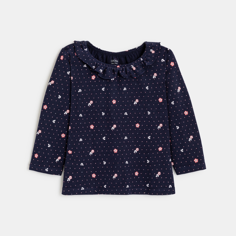 Tee-shirt fleuri col à volants bleu bébé fille