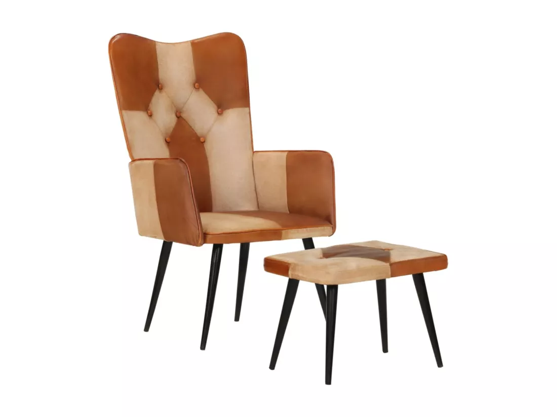 Fauteuil avec repose-pieds Marron Cuir véritable et toile