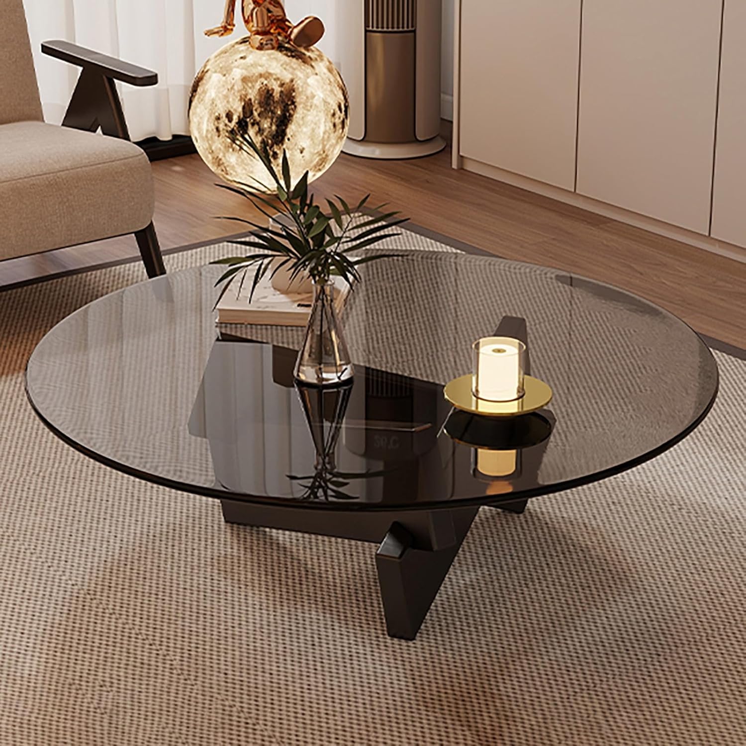 Couchtisch Rund Glas, Wohnzimmertisch, Zentraler Wohnzimmer-Couchtisch, Tischbeine Aus Massivholz, Minimalistisches Design für Wohnzimmer Oder Büro(Black,W80xH31cm/31x13in)