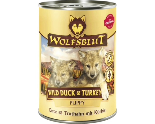 WOLFSBLUT Wilde Eend & Kalkoen Puppy natvoer voor honden, puppyvoer, eend en kalkoen met pompoen met waardevolle superfoods, graanvrij, glutenvrij 395 g