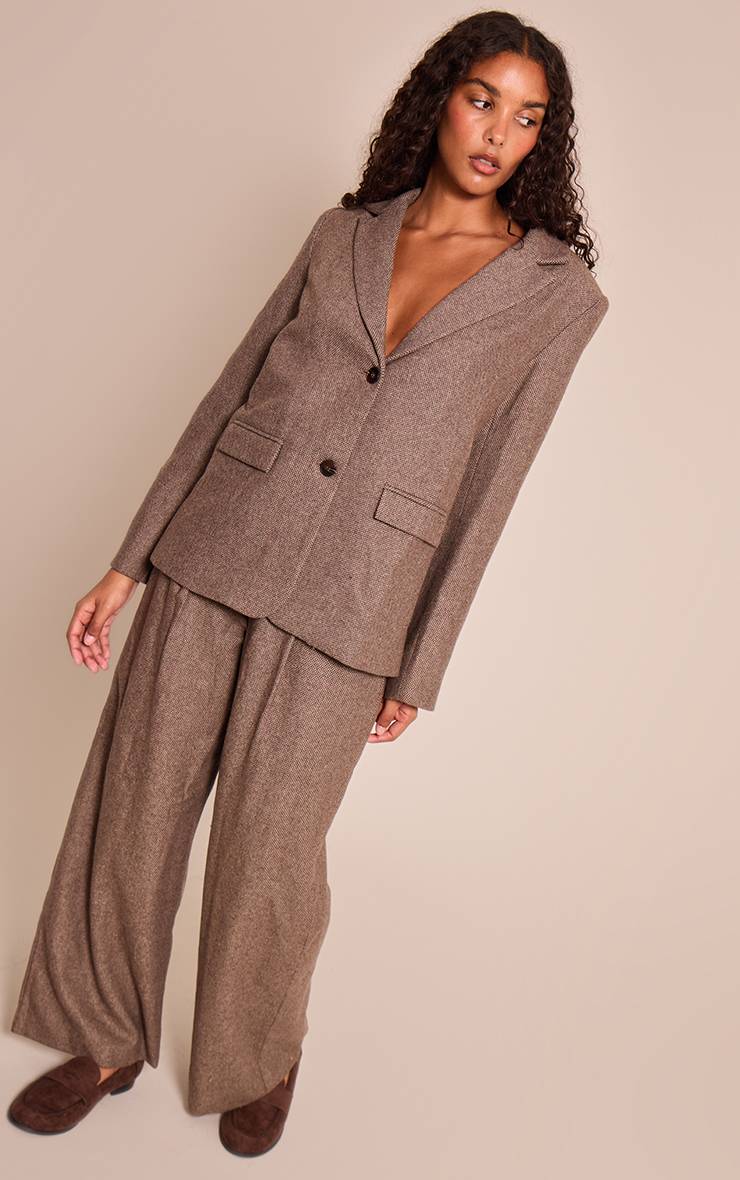 Marron Pantalon Tailleur Brossé À Motif Pied-de-poule