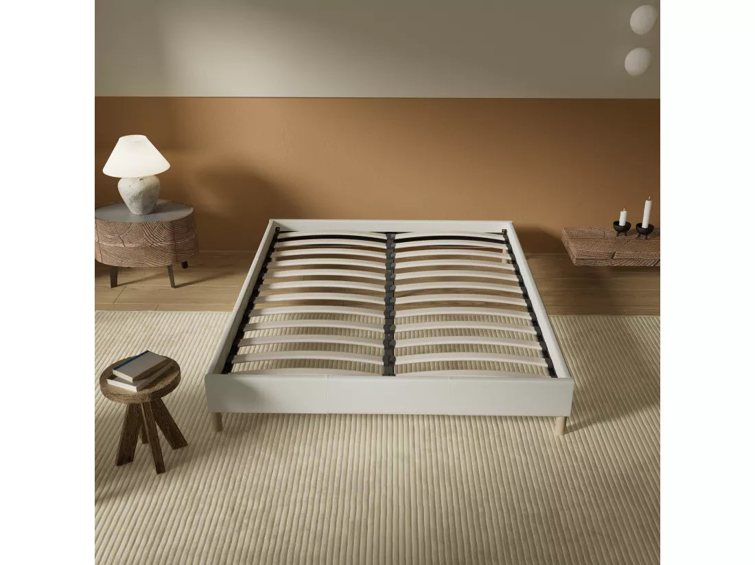 Sommier 90x200 cm, Revêtement en tissu Blanc Crème, Pieds en bois
