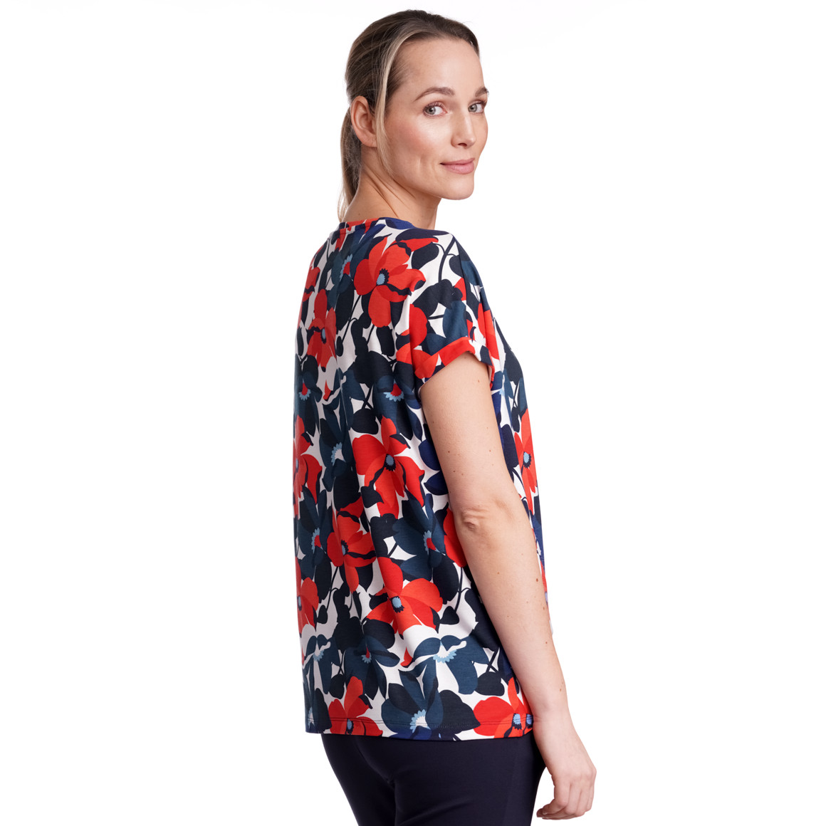 Gina Benotti Damen T-Shirt mit floralem Muster weiss / rot / dunkelblau