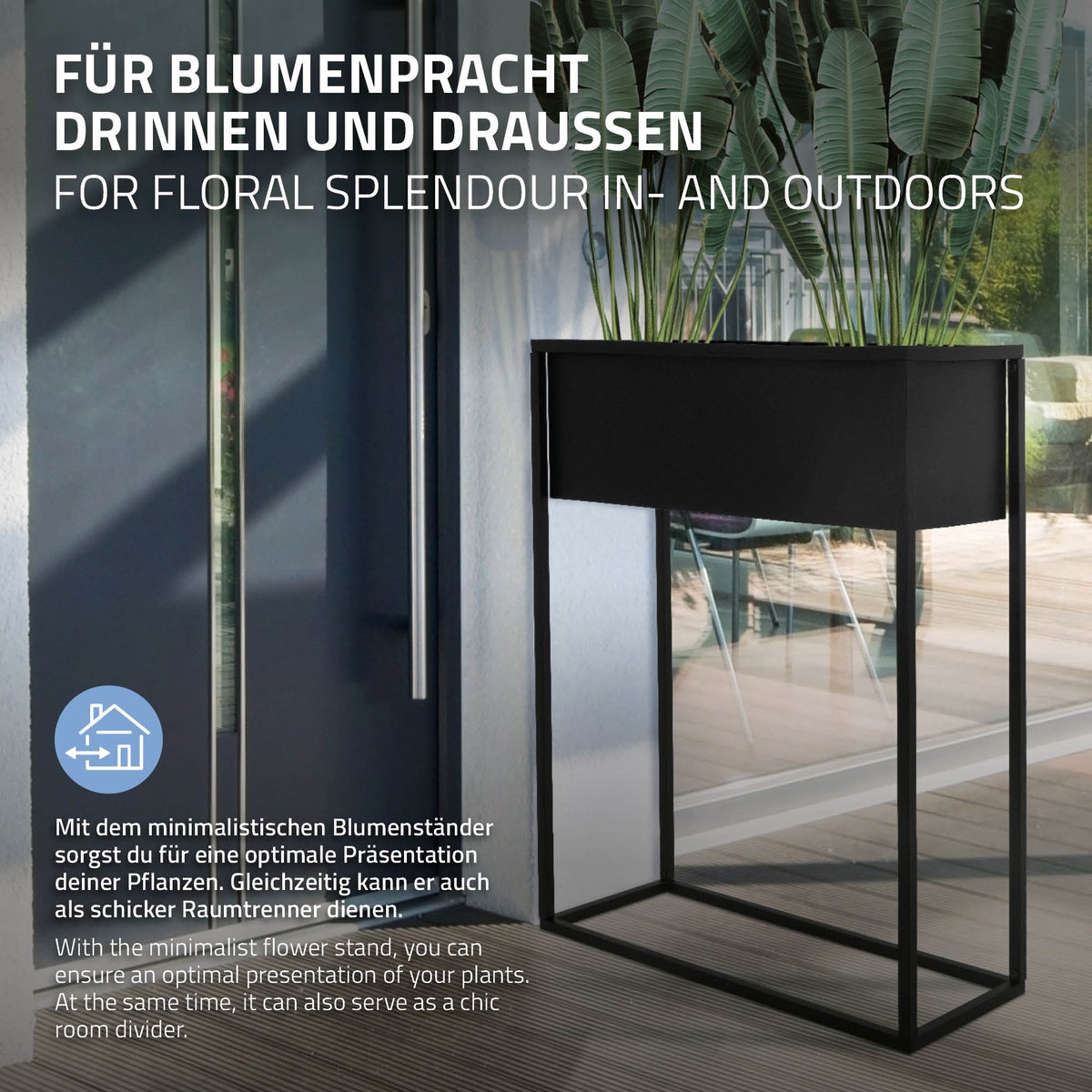 ML-Design zwarte metalen bloemenstandaard, 60x25x78 cm, staand, rechthoekige plantenbak voor kamerplanten, design plantenstandaard, bloembak, plantenbak, verhoogde bak, balkonbak