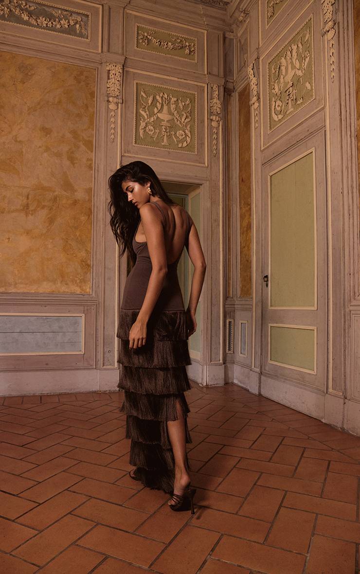 Dark Chocolate Robe Maxi En Mesh À Franges Plt Label