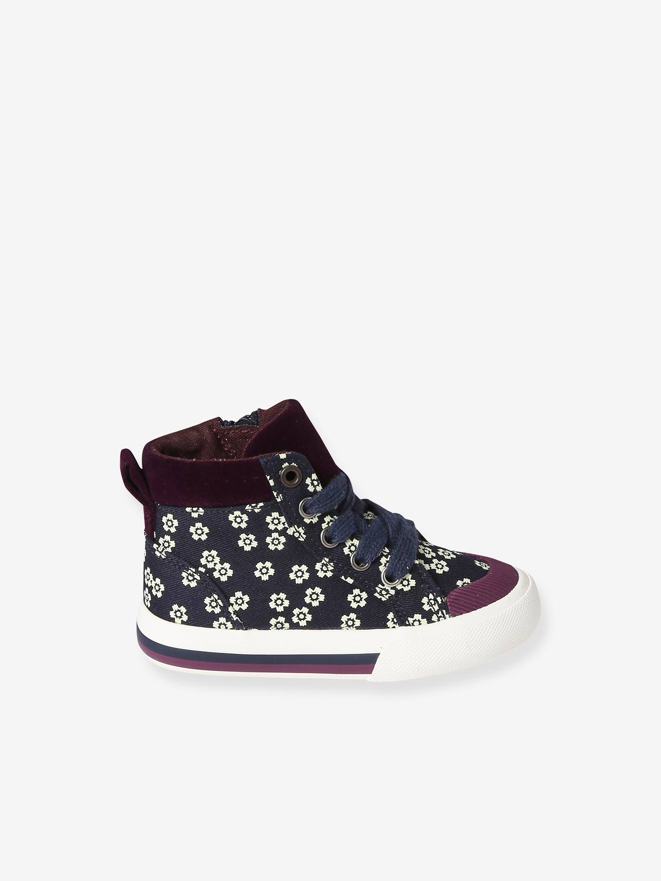 Tênis de salto alto violeta estampado com cadarço e zíper para bebê