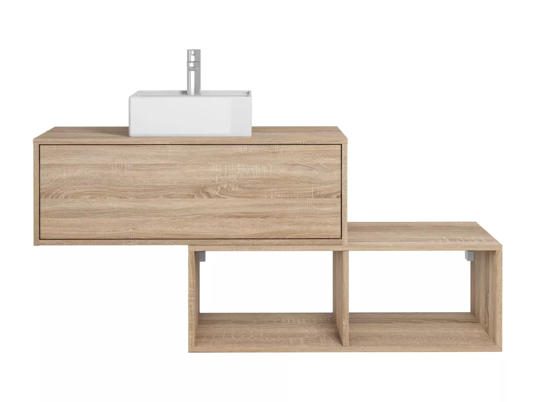 Meuble de salle de bain suspendu naturel clair avec vasque carrée - 1 tiroir et 2 niches - 94 cm - TEANA II