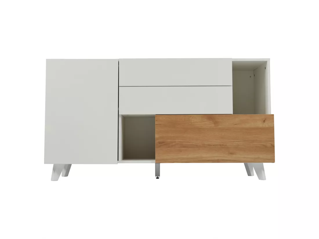 Buffet brillant 130x40x70cm - 2 portes - 2 tiroirs - avec compartiments de rangement - blanc