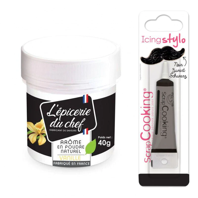 Arôme alimentaire naturel en poudre Vanille 40 g + Stylo glaçage noir