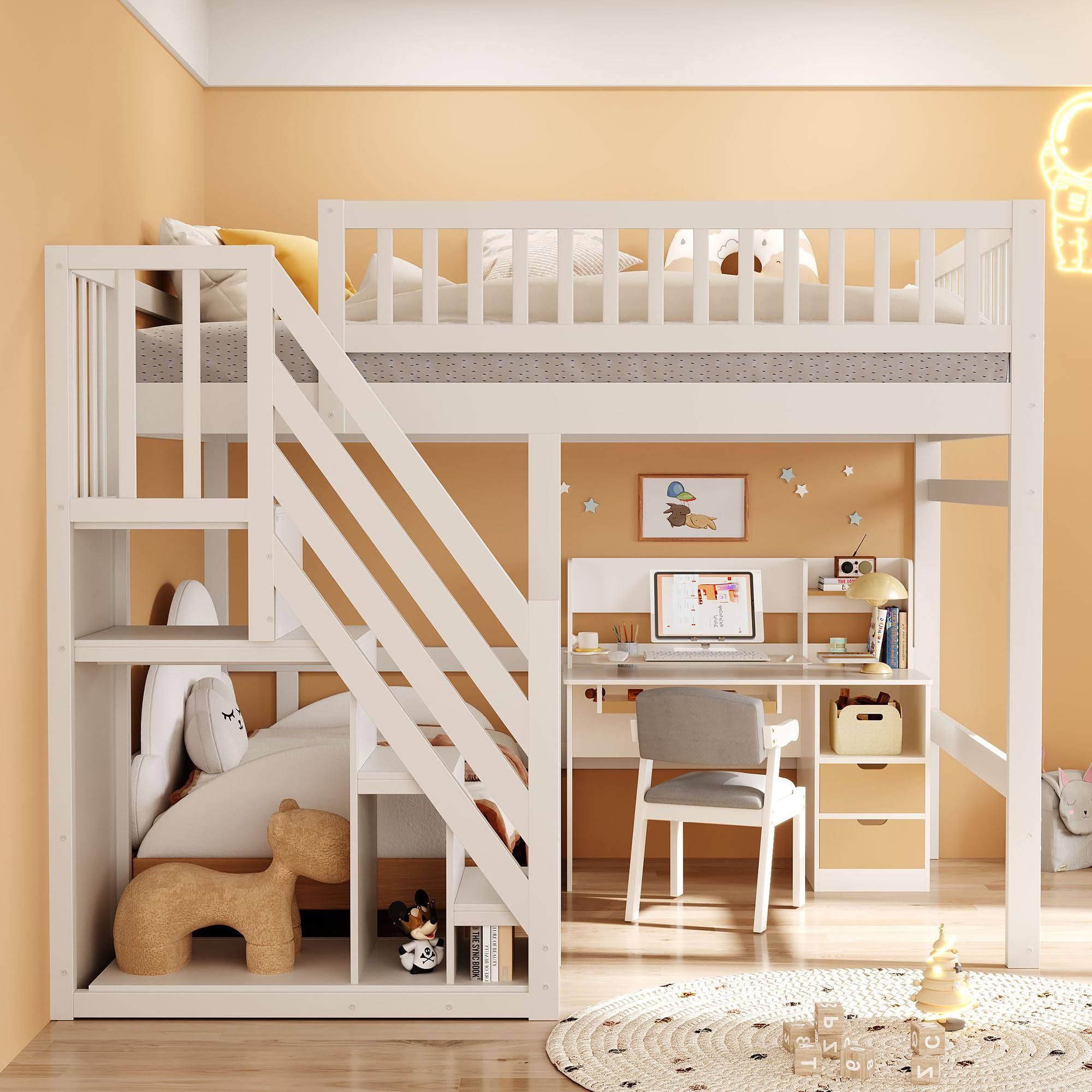 Kinderbett Etagenbett 140x200 cm, Hochbett mit Treppe und Stauschrank,