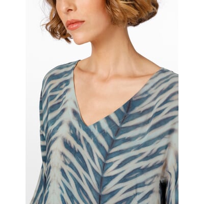 Damen-Seidenkleid Print, Blau-Creme
