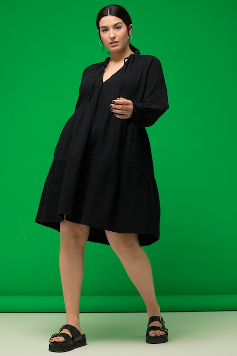 Musselin-Minikleid, A-Line, Rüschen-Ausschnitt, Langarm