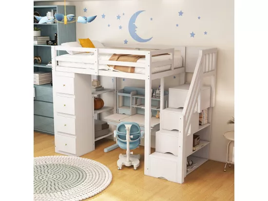 Lit mezzanine enfant 90x200 avec tiroir Commode avec étagères  échelle à grimper de sécurité avec tiroirs de rangement Blanc