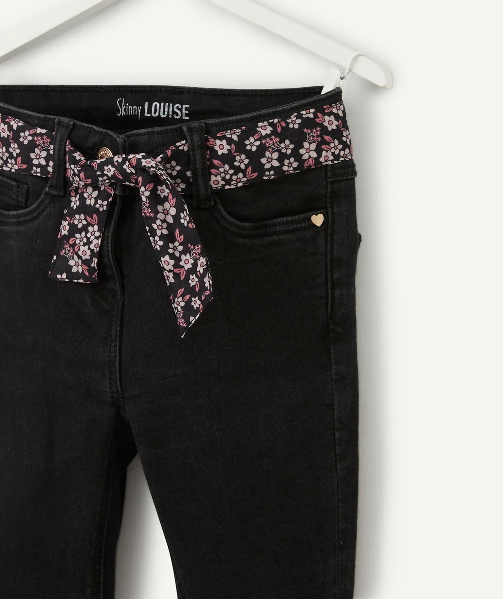 PANTALON FILLE SKINNY NOIR LESS WATER AVEC CEINTURE FLEURIE
