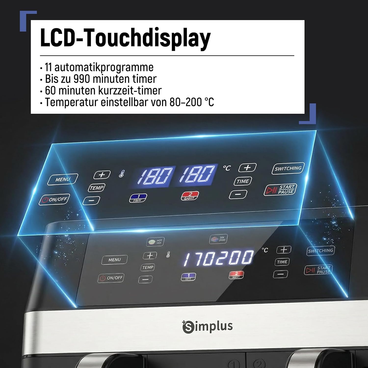 SIMPLUS Heißluftfritteuse 10L Doppelkorb mit Sichtfenster, 2 Kammern mit unabhängiger Temperaturregelung, 11 Programme, LCD Touchscreen, 1800W Airfryer, Timer & Vorheizen, Antihaftbeschichtet