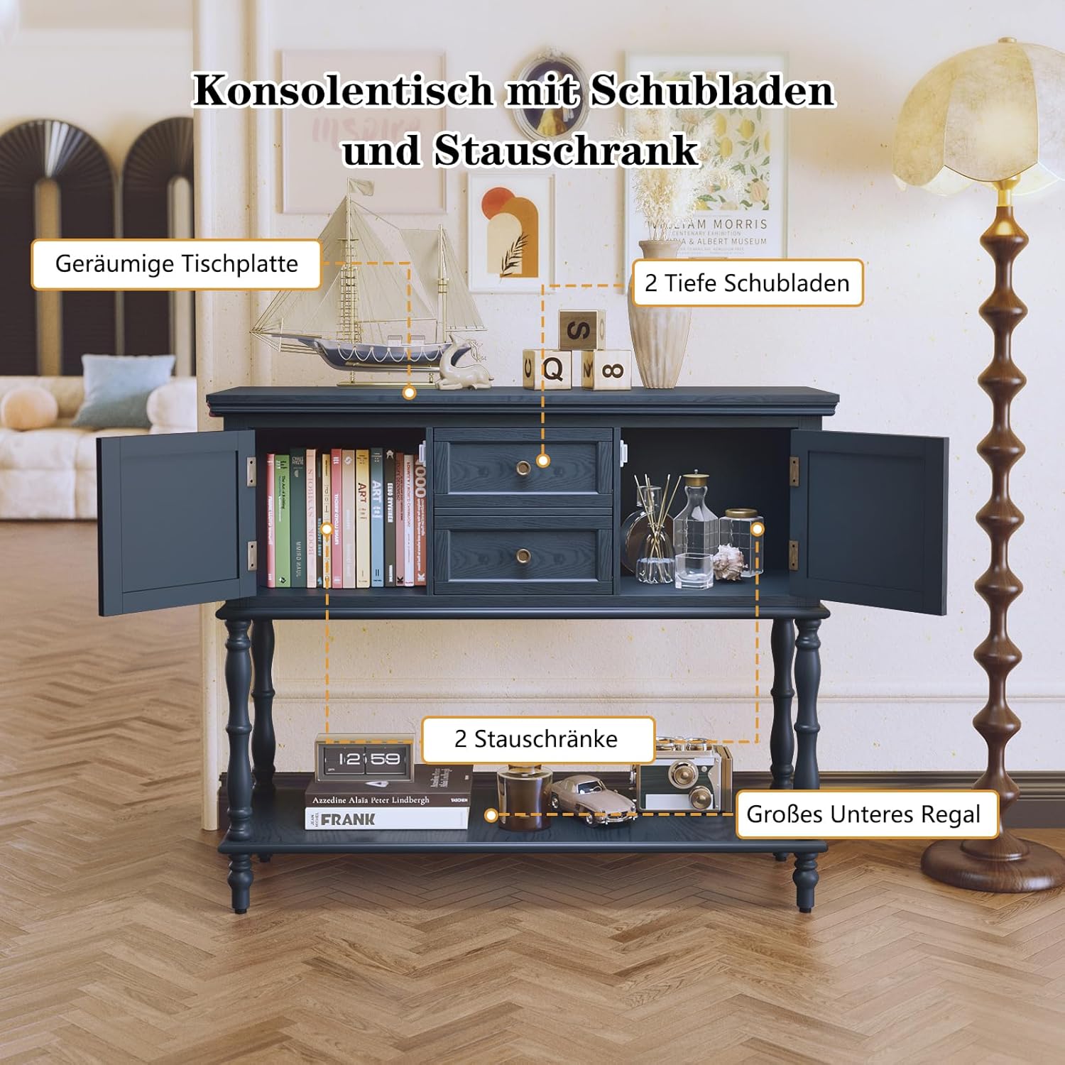 Konsolentisch mit Schubladen und Stauschrank, Holz Blau Konsolentisch Schmal mit Schublade Konsolentische fürs Wohnzimmer, Eingang, Hausflur, Schlafzimmer