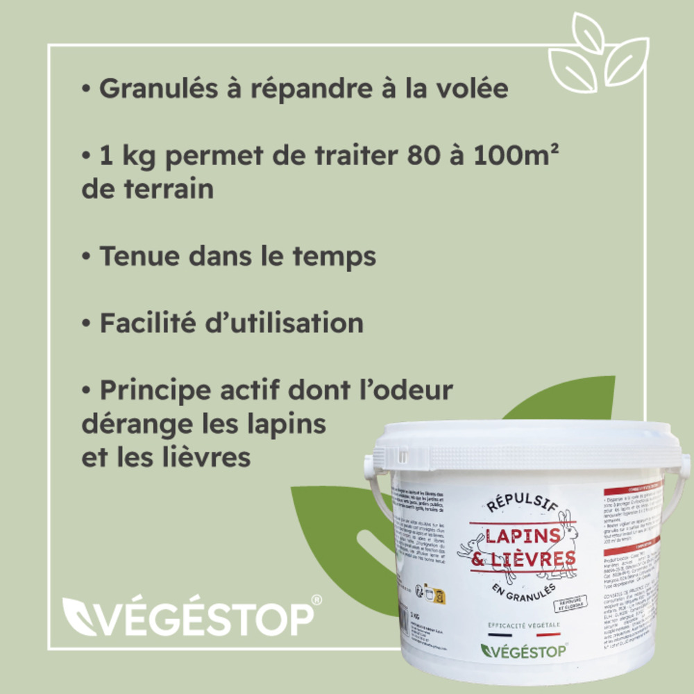 Répulsif lapins et lièvres granulés - 1 kg - jardin - extérieur - origine végétale - protection potager et cultures