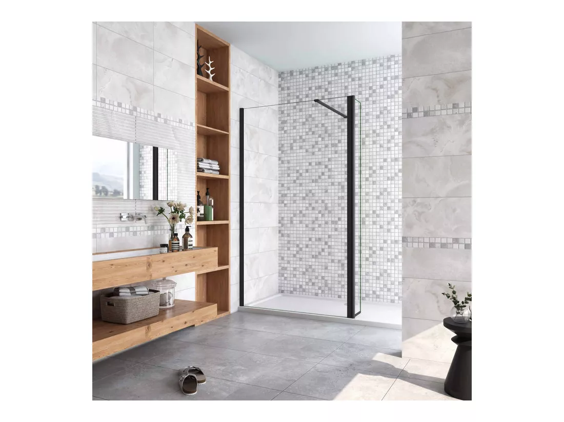 Paroi de douche à l'italienne avec retour pivotant 130+40x200cm avec barre de fixation 90cm recoupable - Noir Mat - 8mm verre anticalcaire