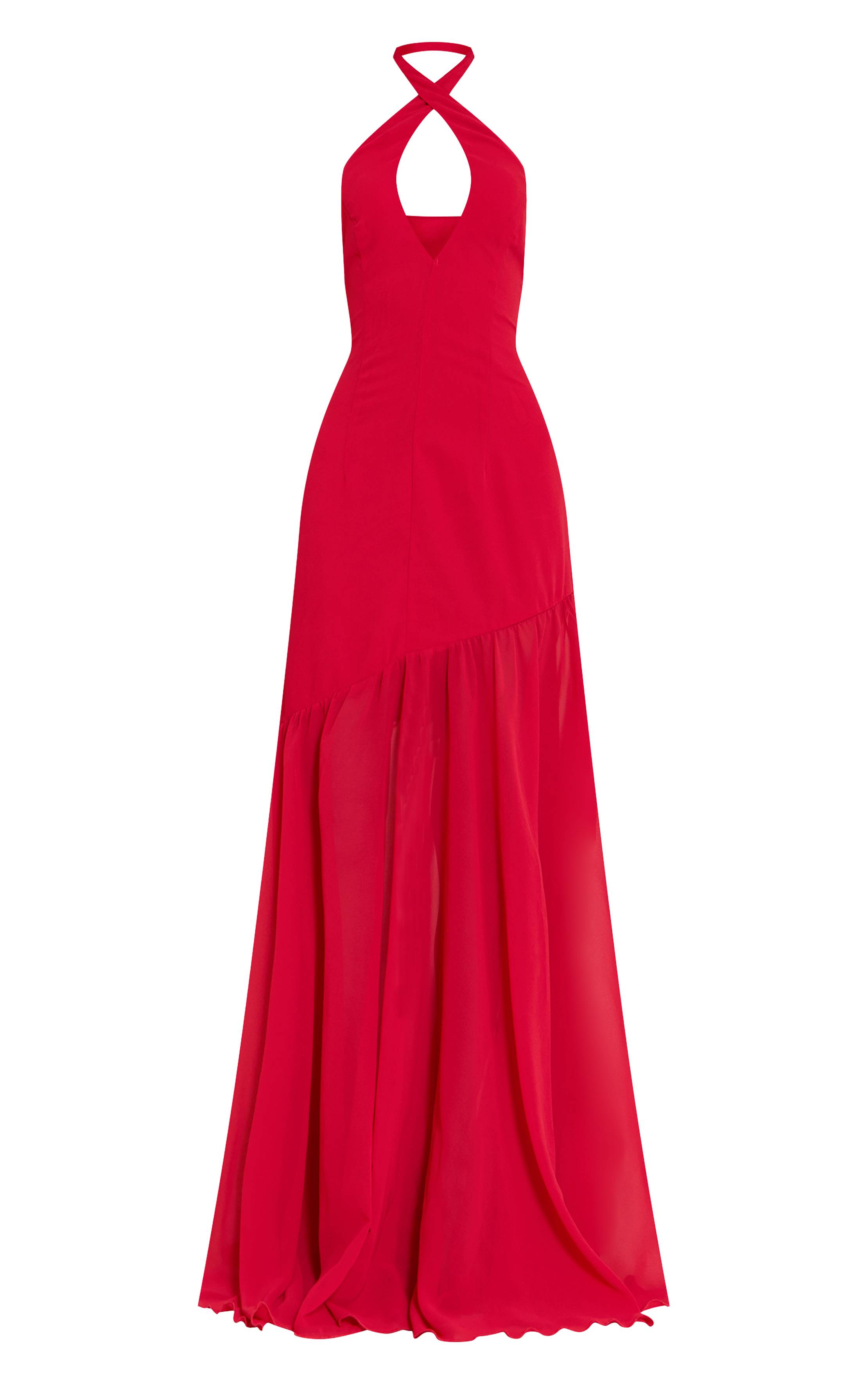 Rouge Robe Longue En Mousseline Col Licou Taille Basse