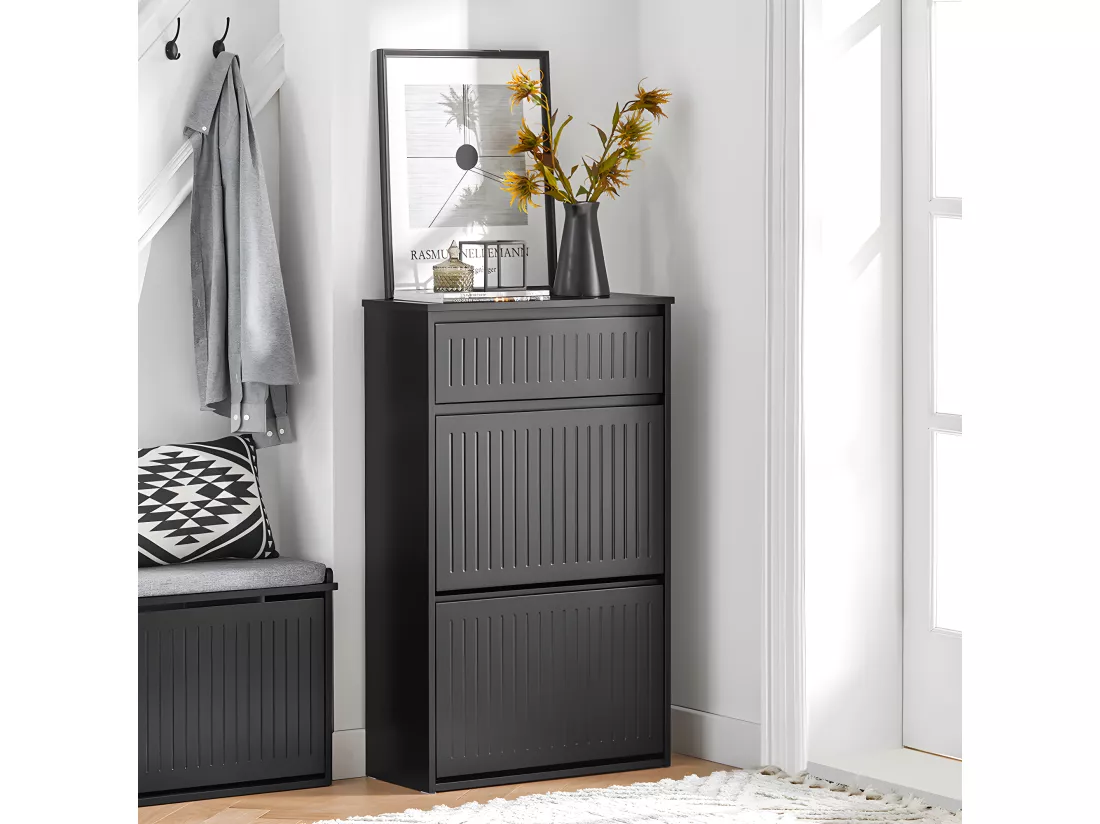 SoBuy Meuble à Chaussures Meuble d'entrée Meuble de Rangement à Chaussures avec 2 Abattants 1 Tiroir Séparateur Réglable pour Petite Entrée Couloir Noir LPH 61x26x101 cm FSR165-SCH