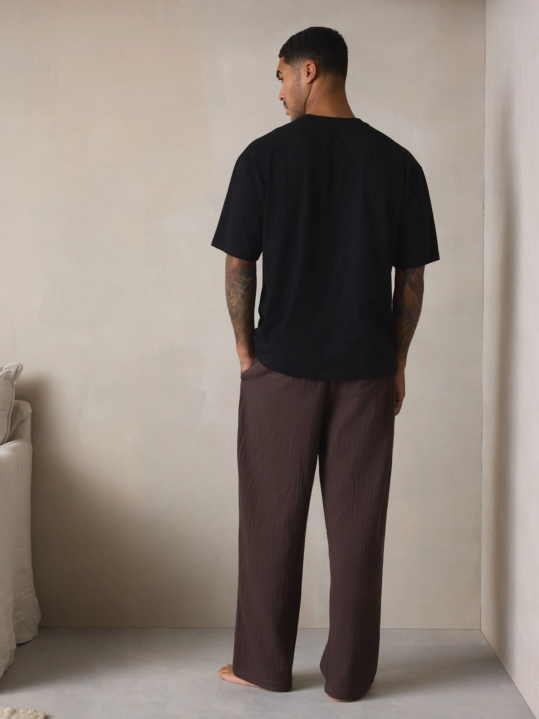 Zwart/bruin - Cheesecloth Short Sleeve Pyjamas Set