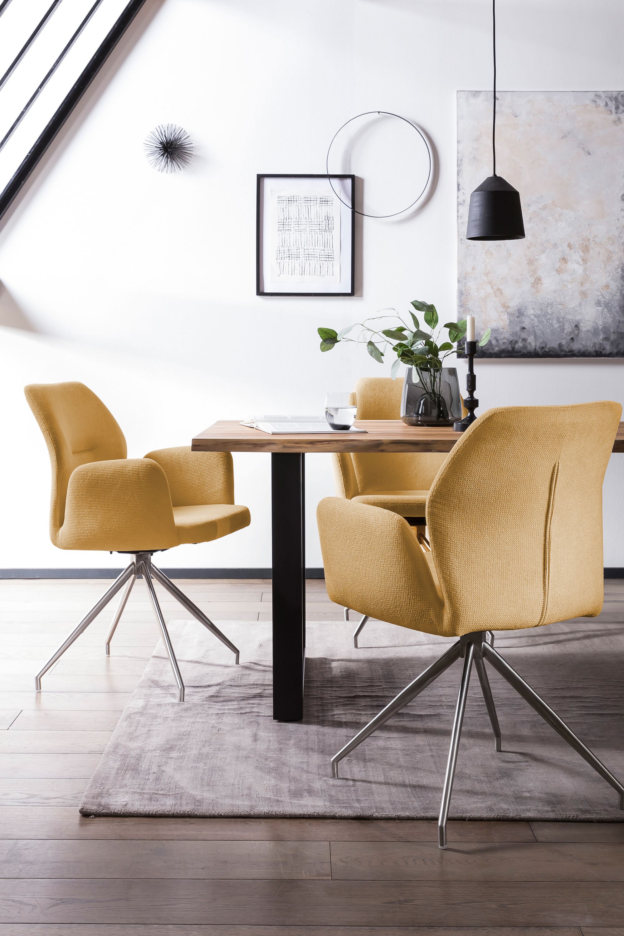Armlehnstuhl Drehfunktion gelb Esszimmerstuhl Polsterstuhl Wohnzimmer Stuhl