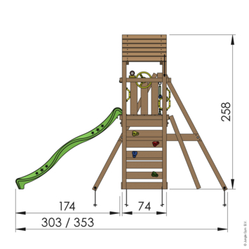 Speeltoestel Jungle Gym Cocoon met groene glijbaan en dubbele schommel van douglashout
