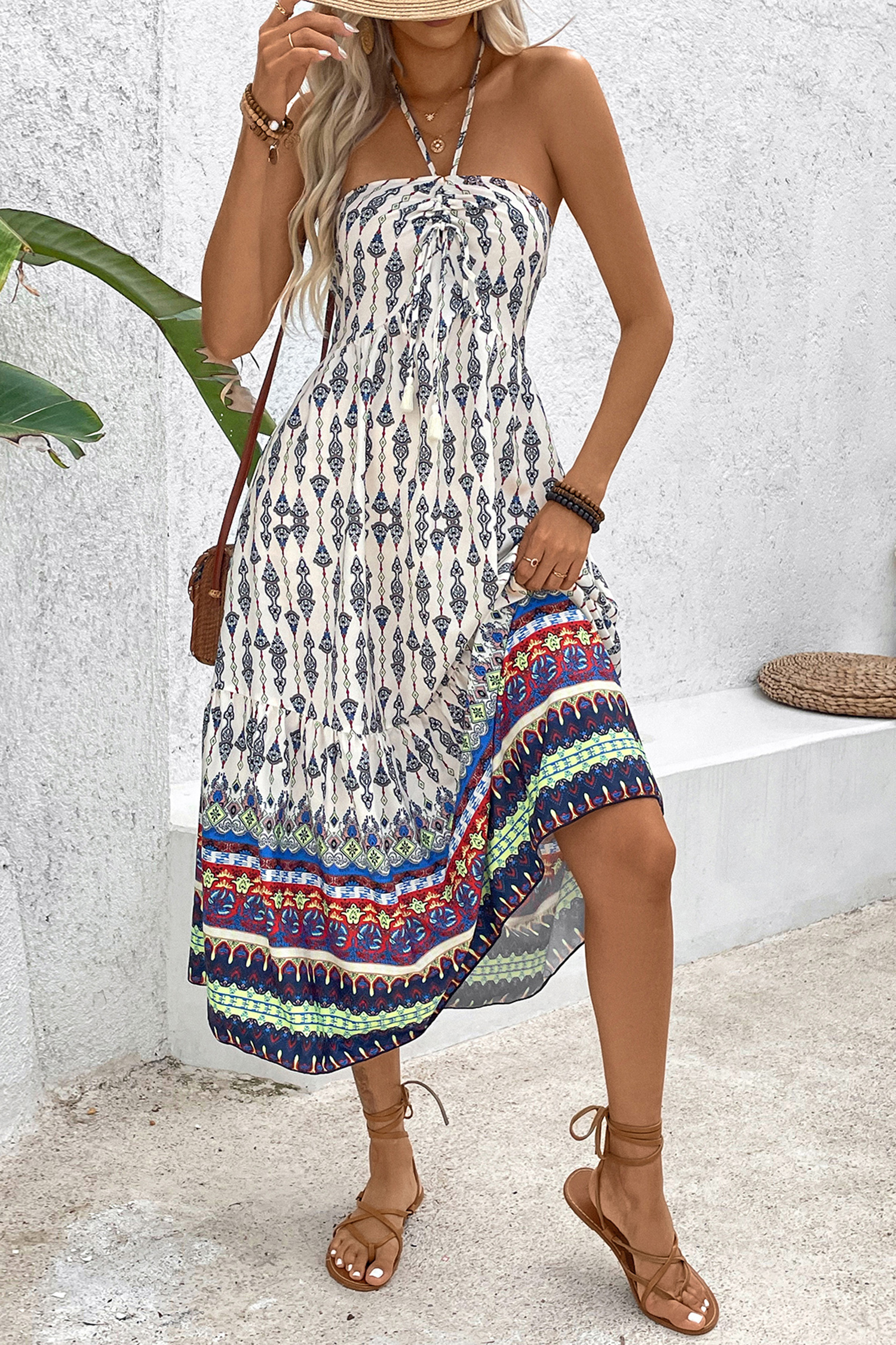 Robe midi sans bretelles à col en cœur boho
