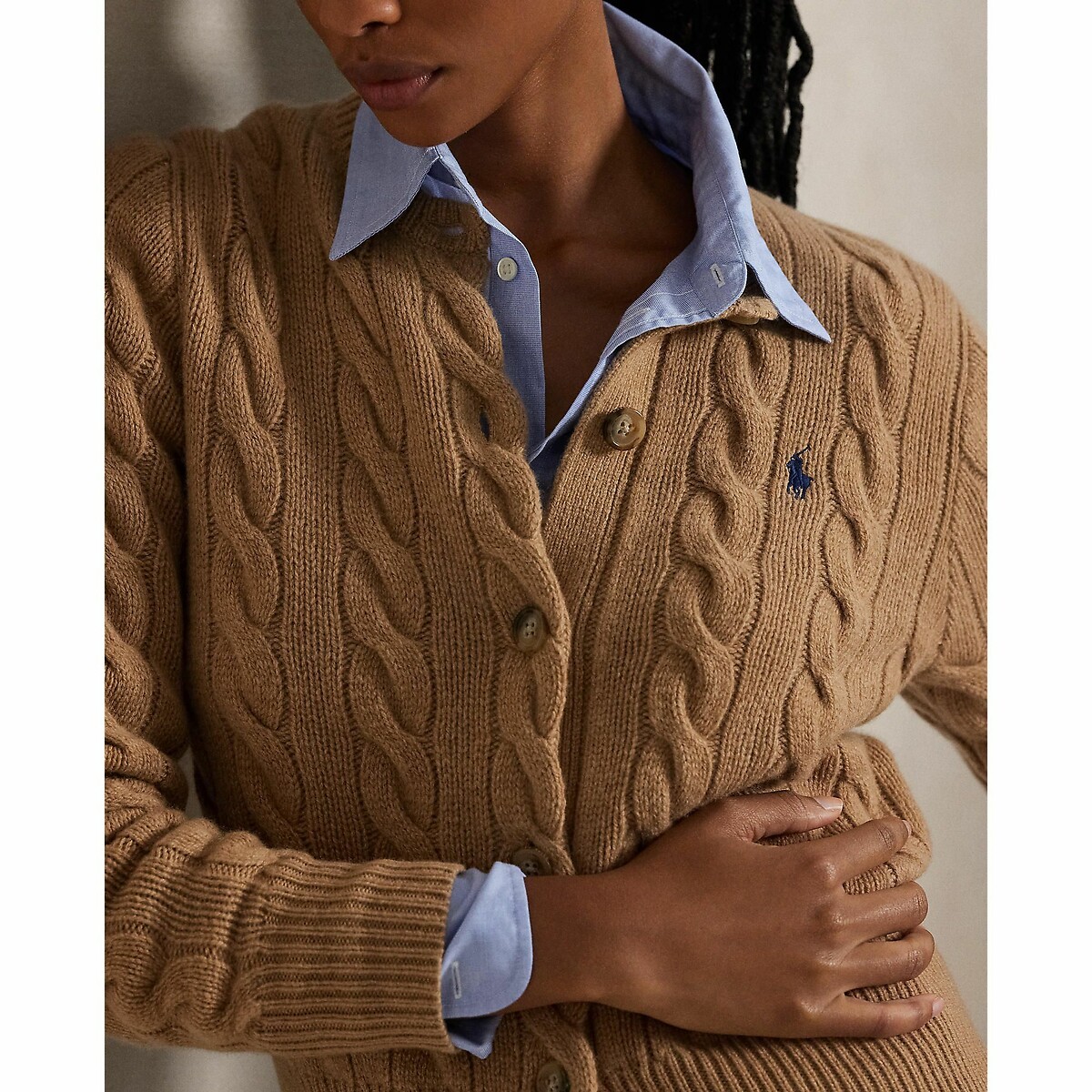 POLO RALPH LAUREN<br>Cardigã de malha trançada em lã e cashmere