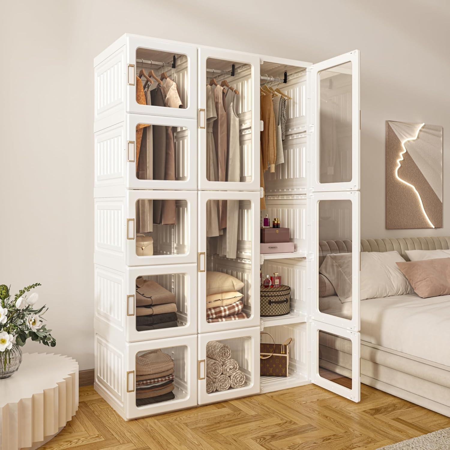 Zusammenklappbarer Kleiderschrank,104x170x50cm, schnelle Montage, vielseitiger Schrank mit Kleiderstange und Magnettüren, perfekt für Schlafzimmer und Wohnzimmer, weiß transparente Türplatte