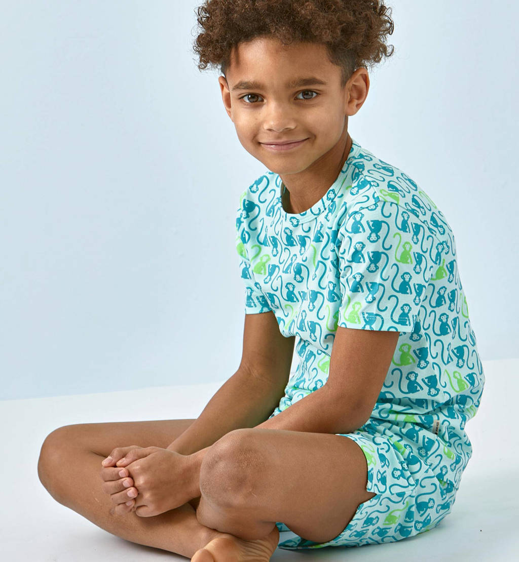 Little Label shortama met all over print van katoen blauw/groen