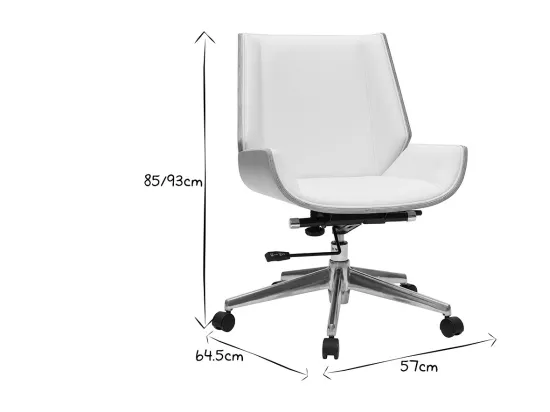 Chaise de bureau à roulettes design blanc, bois clair et acier chromé CURVED