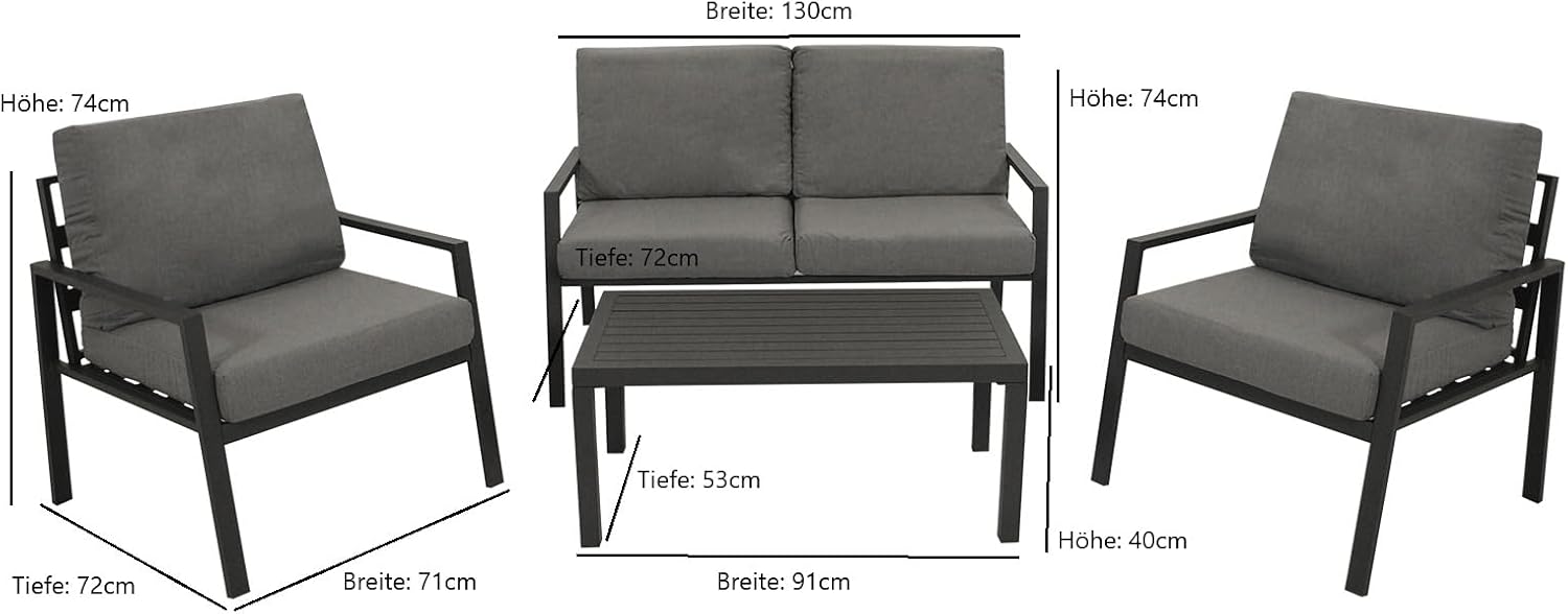 DEGAMO Loungeset Gartenset Calgary 4-teilig, Aluminium anthrazit + Kunstholz, Polster grau, wetterfest, Outdoor