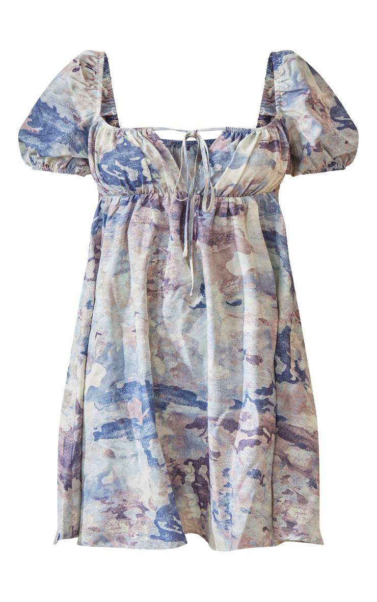 Gris Robe Droite À Imprimé Abstrait Avec Buste Froncé En Tissu Tissé