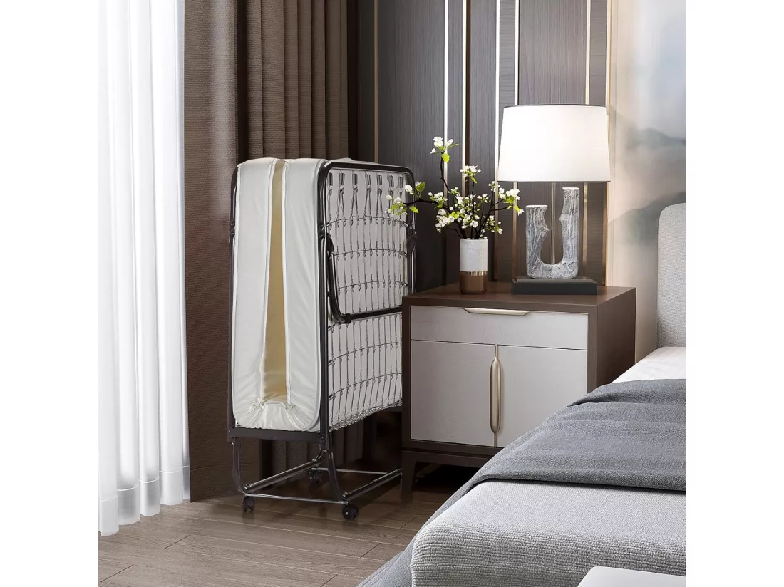 Lit Pliant 1 Personne Adulte 80 x 190 cm avec Matelas Orthopédique en Mémoire 10 cm, Charge 120 kg, Lit d’Appoint Pliable à 4 roulettes et Sommier en Métal pour invités, Blanc